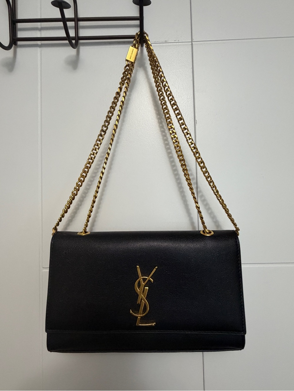 Saint Laurent Black Leather Shoulder Bag with Gold YSL Hardware and Chain